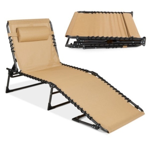 Portable Patio Chaise Lounge Chair Outdoor Recliner w/ Pillow, Tan - Lot 543