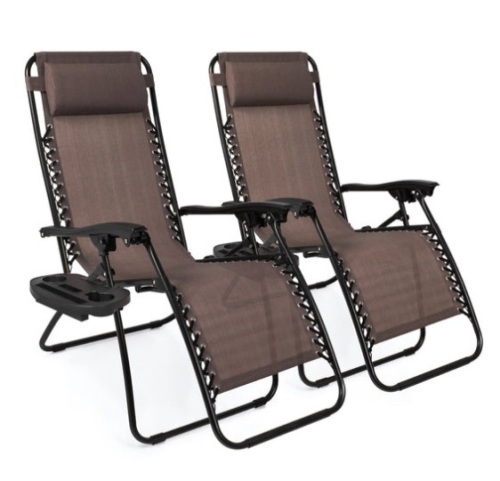 Set of 2 Adjustable Zero Gravity Patio Chair Recliners w/ Cup Holders, Brown - Lot 545
