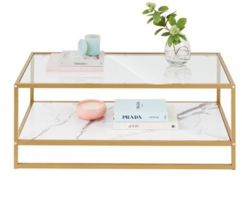 2-Tier Rectangular 2-in-1 Coffee Table w/ Glass & Faux Marble Top - 44in - Lot 546