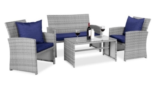 4-Piece Outdoor Wicker Conversation Patio Set w/ 4 Seats, Glass Table Top, Gray/Navy - Lot 551