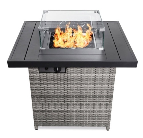 32in Fire Pit Table 50,000 BTU Wicker Propane w/ Wind Guard, Cover, Ash Gray - Lot 558