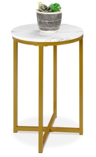 Round Coffee Side Table w/ Faux Marble Top, Metal Frame - 16in, White/Bronze Gold - Lot 559