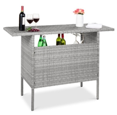 Outdoor Wicker Bar Counter Table w/ 2 Steel Shelves, 2 Rails, Gray - Lot 561