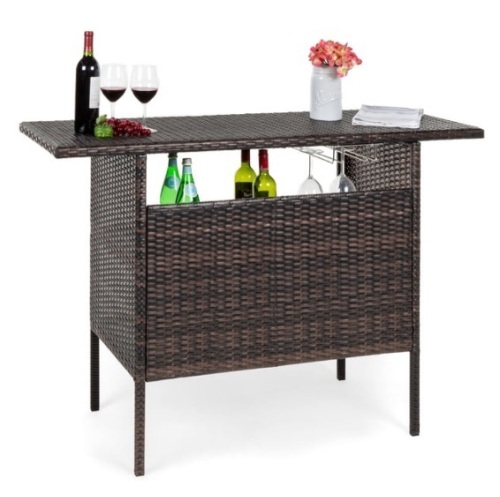 Outdoor Wicker Bar Counter Table w/ 2 Steel Shelves, 2 Rails, Brown - Lot 568
