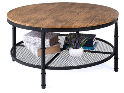2-Tier Round Industrial Wood & Steel Coffee Table, Storage Shelves - 35.5in, Brown - Lot 577