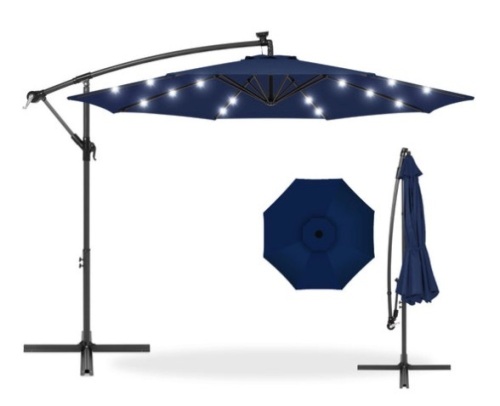 Solar LED Offset Hanging Patio Umbrella w/ Crank Tilt Adjustment - 10ft, Navy Blue - Lot 584