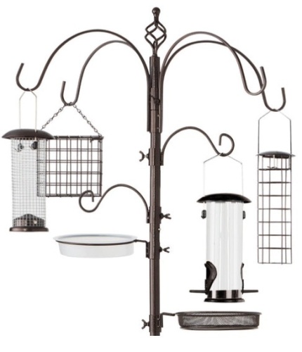 Bird Feeding Station, 6-Hook Steel Multi-Feeder Stand w/ 4 Feeders - 89in, Bronze - Lot 585