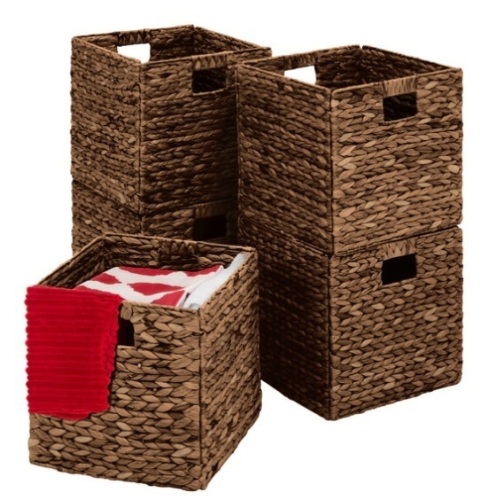 Set of 5 Collapsible Hyacinth Storage Baskets w/ Inserts - 12x12in, Espresso - Lot 589