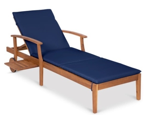Adjustable Acacia Wood Chaise Lounge Chair w/ Side Table, Wheels - 79x26in, Navy Blue - Lot 605