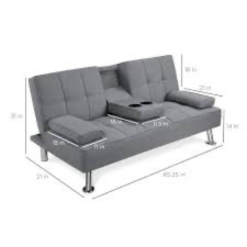 Linen Upholstered Convertible Sofa Bed Futon w/ 2 Cupholders - Lot 1391