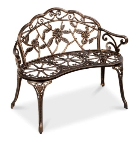 Steel Garden Bench Outdoor Patio Furniture w/ Floral Rose Accent, 39in, Bronze, Appears New - Lot 202