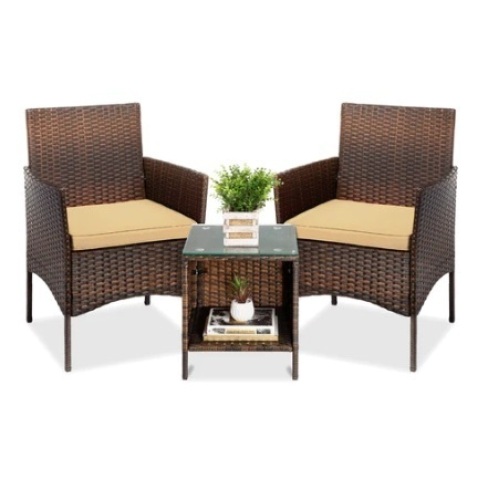 3-Piece Outdoor Patio Wicker Bistro Set w/ Side Storage Table, Brown/Tan - Lot 210