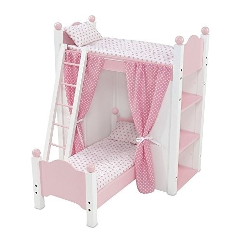 Emily Rose 18" Doll Loft Bunk Bed with Shelving Units and Removable Single Doll Bed, Pink/White Polka Dot Bedding - Appears New - Lot 283