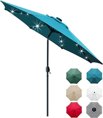 Sunnyglade 9' Solar 24 LED Lighted Patio Umbrella with 8 Ribs/Tilt Adjustment and Crank Lift System -  Appears New   - Lot 589