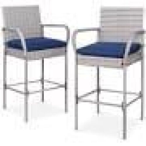 Set of 2 Indoor Outdoor Wicker Bar Stools w/ Cushion, Footrests, Armrests - Lot 488