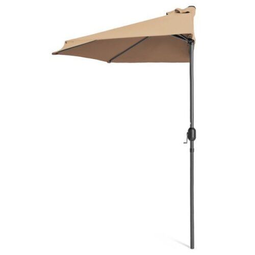 9ft Steel Half Patio Umbrella w/ 5 Ribs, Crank Mechanism - Tan