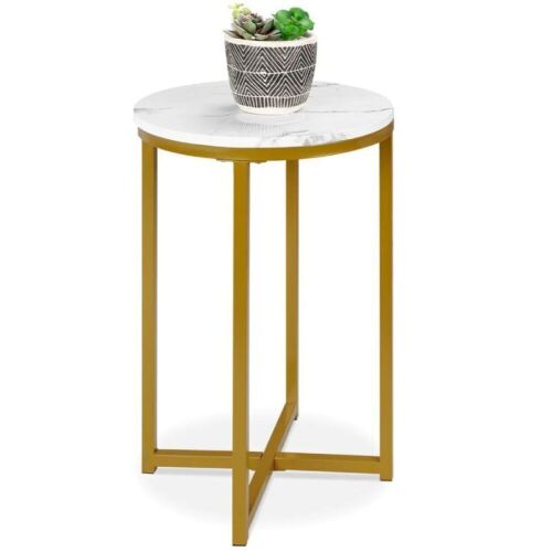 Round Coffee Side Table w/ Faux Marble Top, Metal Frame - 16in