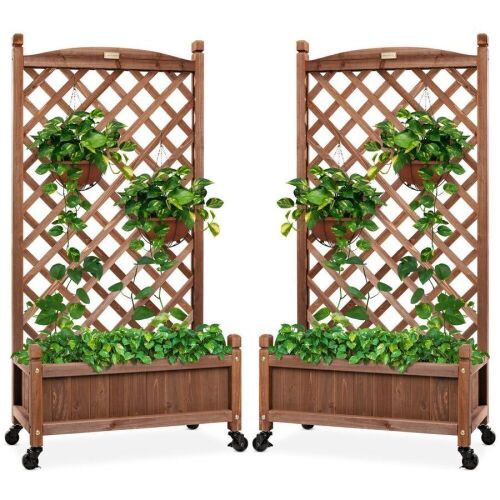 Set of 2 Wood Planter Box & Lattice Trellis w/ Optional Wheels - 48in