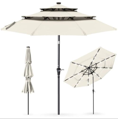 3-Tier Solar Patio Umbrella w/ LED Lights, Tilt Adjustment, Crank - 10ft - Lot 642