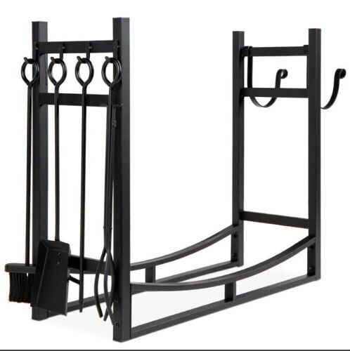 Steel Firewood Log Storage Rack & Tool Set w/ Kindling Holder - 34.25in