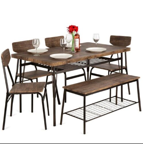 6-Piece Modern Dining Set w/ Storage Racks, Table, Bench, 4 Chairs - 55in