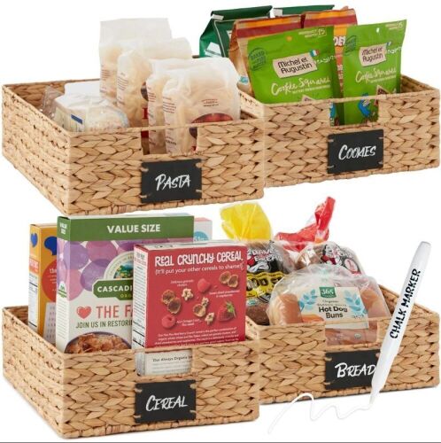 Set of 4 Water Hyancinth Pantry Baskets w/ Chalkboard, Chalk Marker