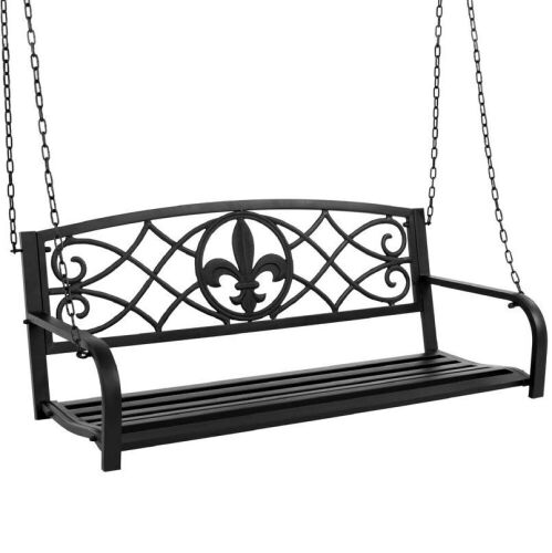 2-Person Outdoor Metal Hanging Swing Bench w/ Fleur-de-Lis Accents