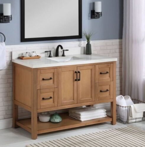 Allen + Roth Harwood 48-in Natural Undermount Single Sink Bathroom Vanity with White and Gray Quartz Top - Damaged Hinge & Door