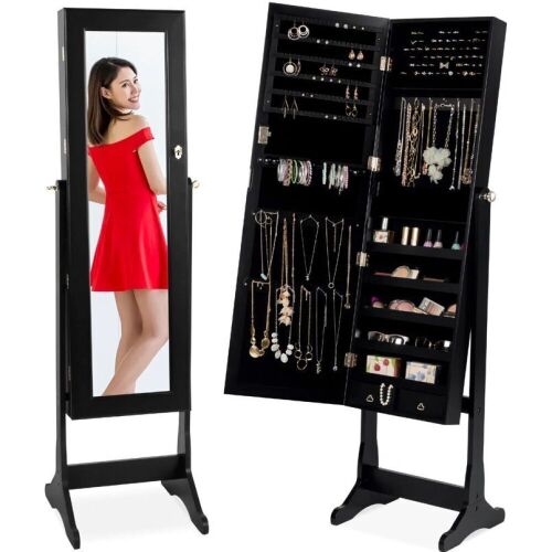Full Length Standing Jewelry Mirror Armoire w/ Velvet Interior