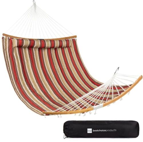 2-Person Quilted Portable Hammock w/ Curved Bamboo Spreader Bar, Carry Bag