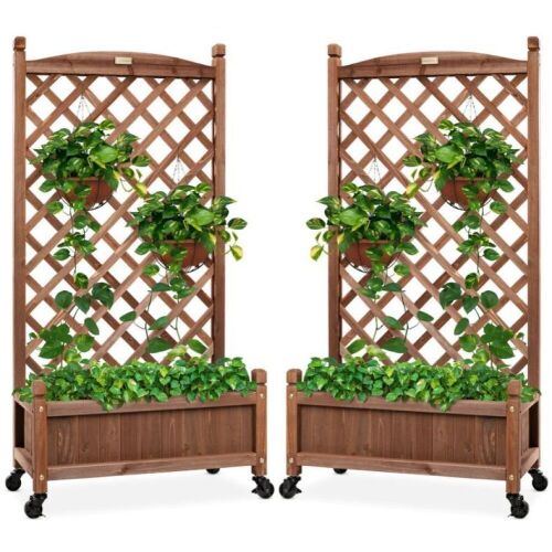 Set of 2 Wood Planter Box & Lattice Trellis w/ Optional Wheels - 48in