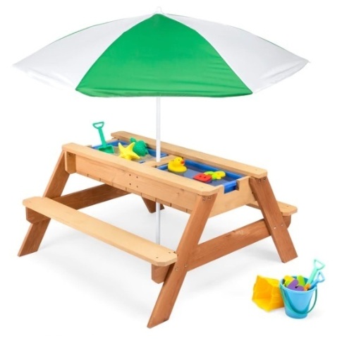 3-in-1 Kids Sand & Water Table Outdoor Wood Picnic Table w/ Umbrella, Appears New - Lot 210