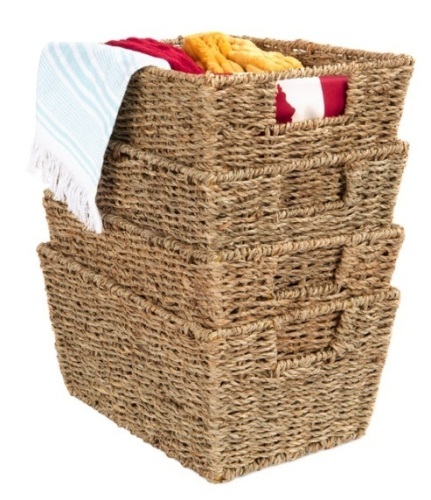 Set of 4 Seagrass Storage Tote Baskets, Laundry Organizer w/ Insert Handles, Natural - Lot 9