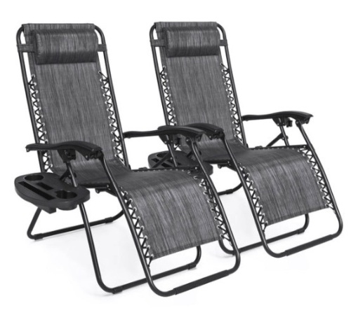 Set of 2 Adjustable Zero Gravity Patio Chair Recliners w/ Cup Holders, Gray - Lot 23