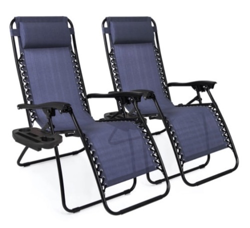 Set of 2 Adjustable Zero Gravity Patio Chair Recliners w/ Cup Holders, Blue - Lot 24