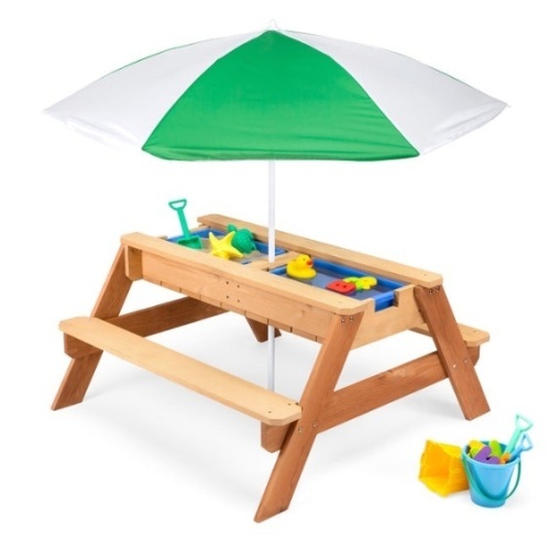 3-in-1 Kids Sand & Water Table Outdoor Wood Picnic Table w/ Umbrella, Green - Lot 30