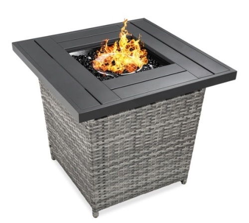 28in Fire Pit Table 50,000 BTU Wicker Propane w/ Faux Wood Tabletop, Cover, Gray - Lot 36