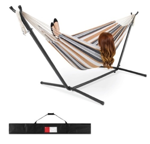 2-Person Brazilian-Style Double Hammock w/ Carrying Bag and Steel Stand, Desert Stripes - Lot 39