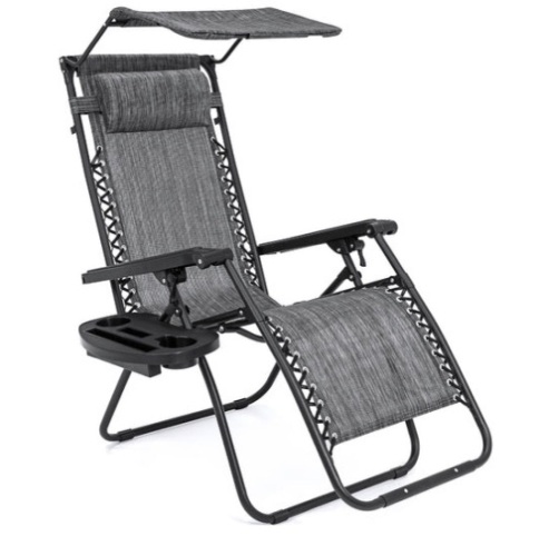 Folding Zero Gravity Recliner Patio Lounge Chair w/ Canopy, Side Tray, Gray - Lot 42