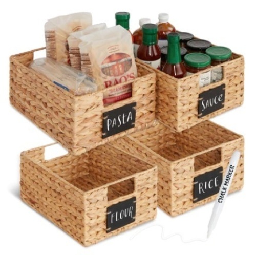 Set of 4 Water Hyacinth Pantry Baskets w/ Chalkboard, Marker, 12in, Appears New - Lot 48
