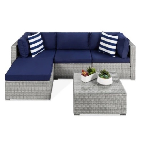 5-Piece Modular Wicker Sectional Conversation Set w/ 2 Pillows, Coffee Table, Gray/Navy, Appears New - Lot 56