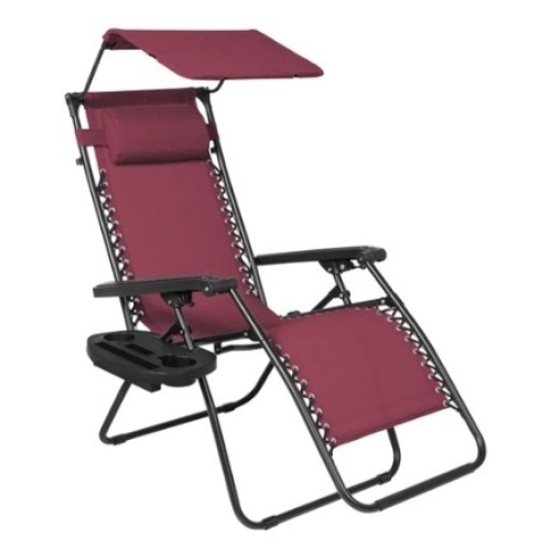 Folding Zero Gravity Recliner Patio Lounge Chair w/ Canopy, Side Tray, Burgundy, Appears New - Lot 63