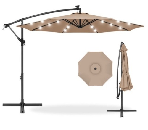 Solar LED Offset Hanging Patio Umbrella w/ Crank Tilt Adjustment - 10ft, Tan - Lot 122