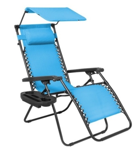 Folding Zero Gravity Recliner Patio Lounge Chair w/ Canopy, Side Tray, Light Blue - Lot 123