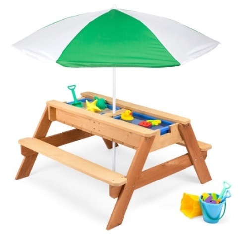 3-in-1 Kids Sand & Water Table Outdoor Wood Picnic Table w/ Umbrella, Green - Lot 126