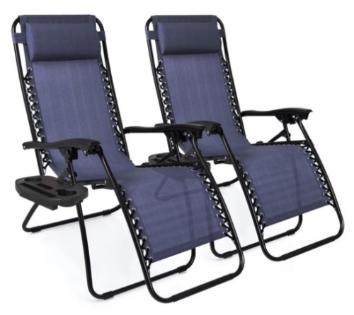 Set of 2 Adjustable Zero Gravity Patio Chair Recliners w/ Cup Holders, Blue - Lot 128