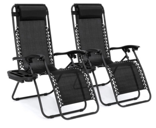 Set of 2 Adjustable Zero Gravity Patio Chair Recliners w/ Cup Holders, Black - Lot 129