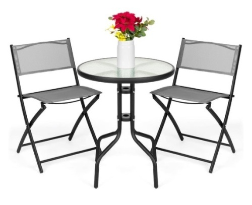 3-Piece Bistro Set w/ Glass Table, 2 Foldable Chairs, Gray - Lot 131