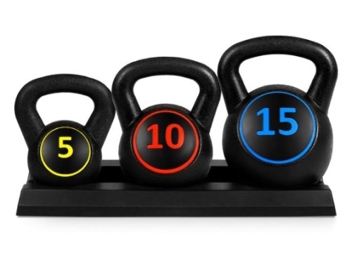 3-Piece Kettlebell Exercise Fitness Weight Set w/ Storage Rack - Lot 133