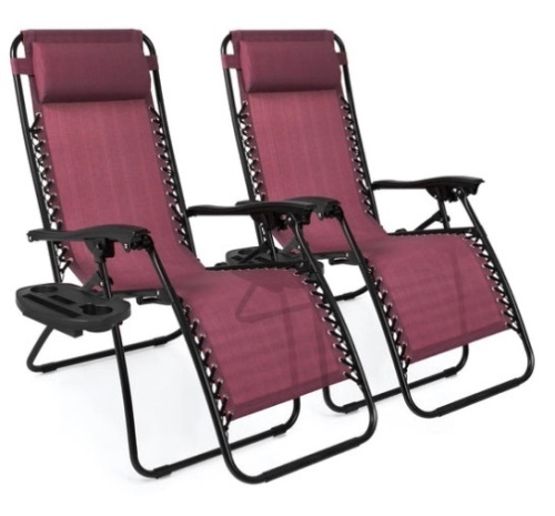 Set of 2 Adjustable Zero Gravity Patio Chair Recliners w/ Cup Holders, Burgundy - Lot 134